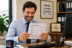 uomo felice guarda busta paga