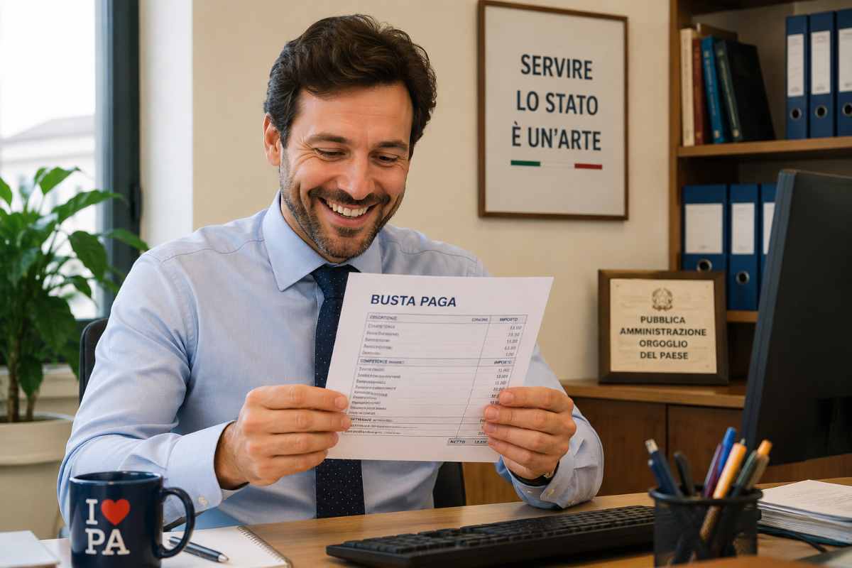 uomo felice guarda busta paga