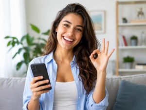 donna felice con telefono